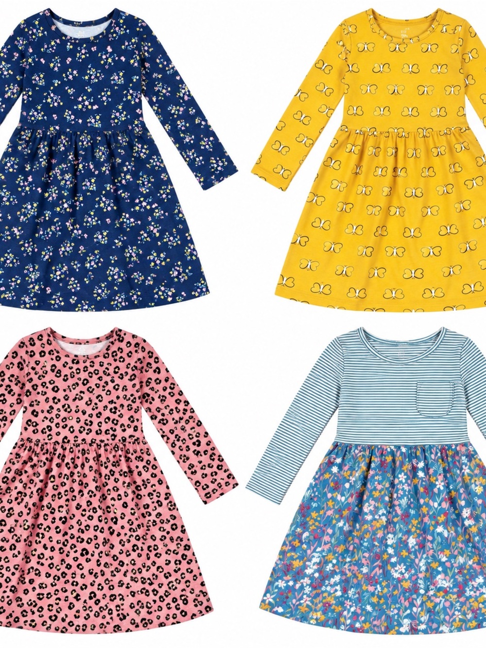 Girls' Long-Sleeve Floral & Patterned Casual Dress - Pink, Navy, Yellow, Blue